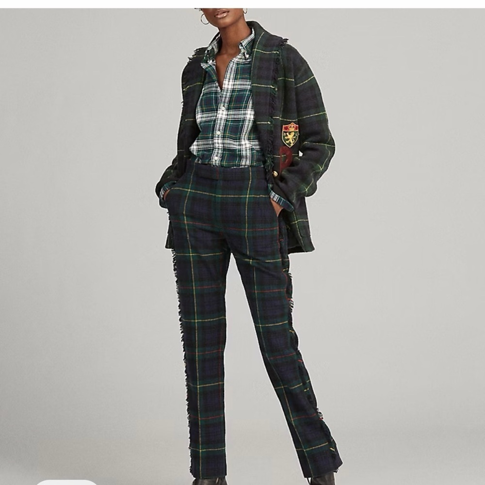 Polo Ralph Lauren Green Plaid Fringe-Trim Wool-Blend Straight Leg Pants Size 2